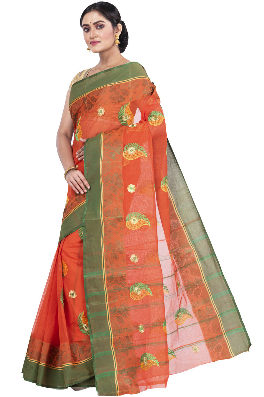 Orange Pure Cotton Shanko_Embro Tant Embroidery (664)